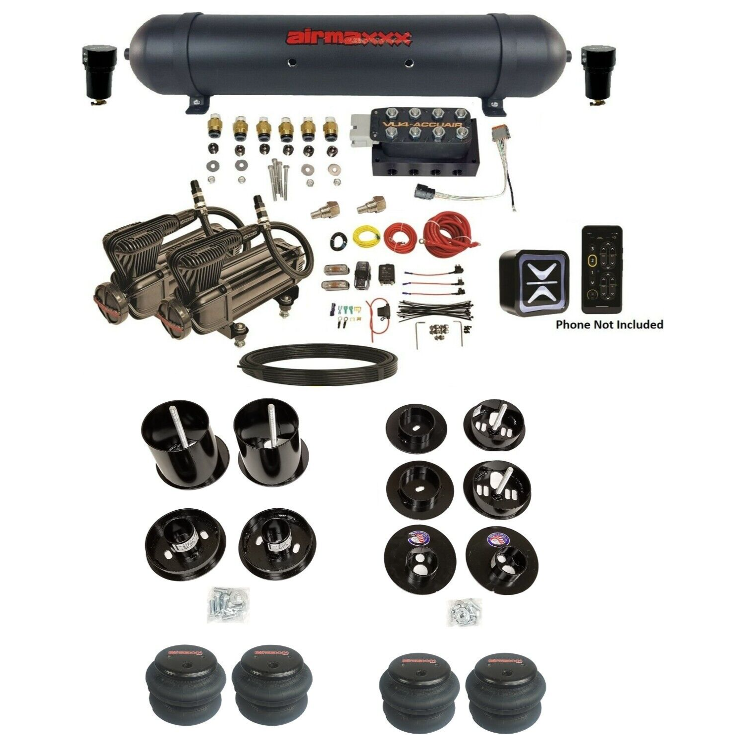 All Black Air Suspension Kit w/ Accuair Wireless Only E+ Connect & VU4 Fits 1965-1970 Cadillac