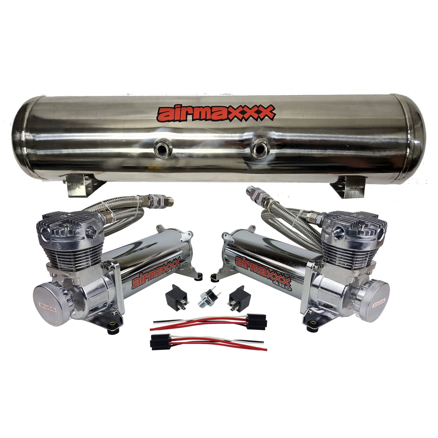 airmaxxx chrome 480 compressors with braided hoses and relays with 7 port polished stainless steel tank