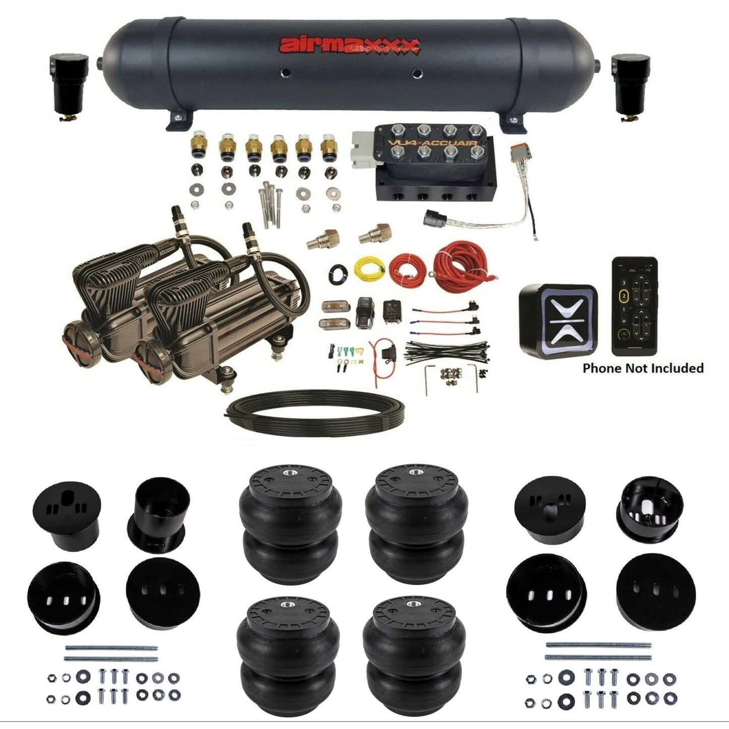 AccuAir E+ Connect & VU4 dual x-series compressors aluminum tank slam bags air ride kit for 1958–1960 Cadillac KCAD58-X2B-57ABK-VU4E-WK-HFSS7