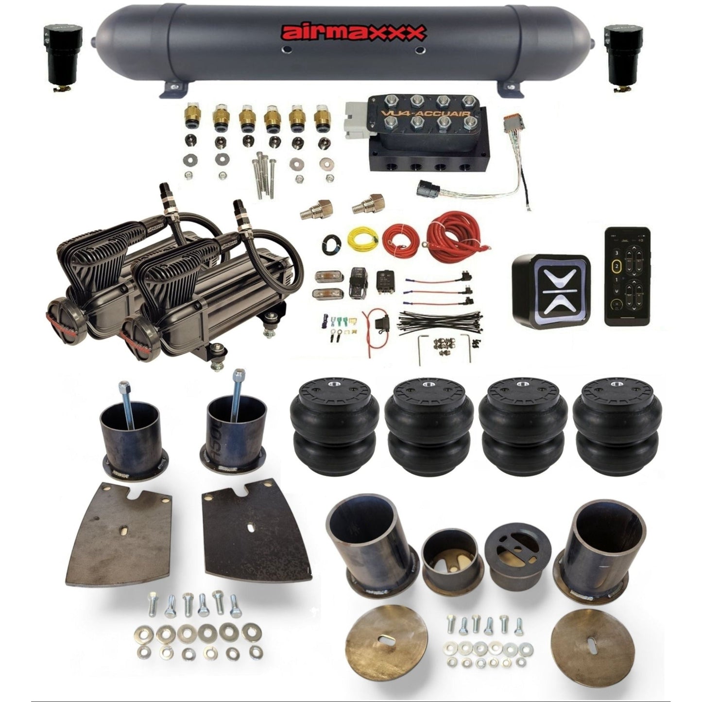 AccuAir E+ Connect VU4 dual x-series compressors aluminum tank slam bags air ride kit for 1961–64 Buick KBUI61-XB2-57ABK-VU4E-WK-HFSS7