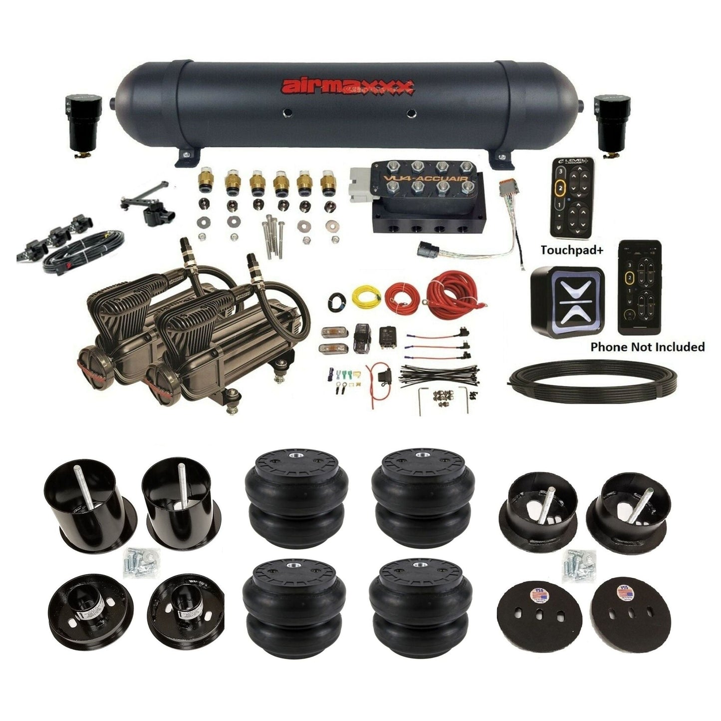 AccuAir E+ Connect & VU4 dual x-series compressors slam bags & aluminum tank air ride kit for 1963–1964 Cadillac KCAD63-X2B-57ABK-VU4EHT-WK-HFSS7