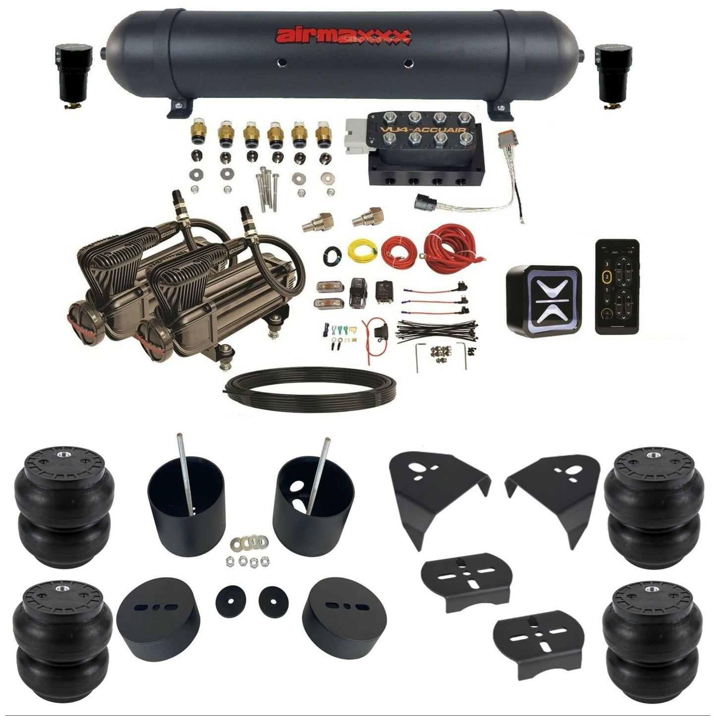 AccuAir E+ Connect VU4 dual x-series compressors slam bags aluminum tank air ride kit for 1988–1998 Chevy Silverado KGM88-X2B-57ABK-VU4E-WK-HFSS7