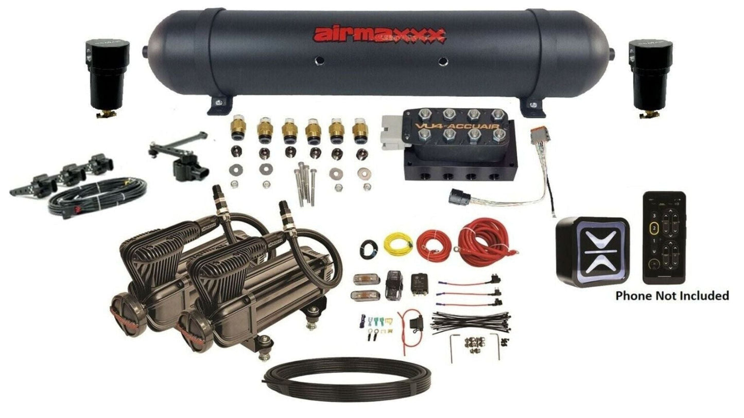 AccuAir E+ Height+ Vu4 manifold airmaxxx X-Series compressors 5-gallon black tank