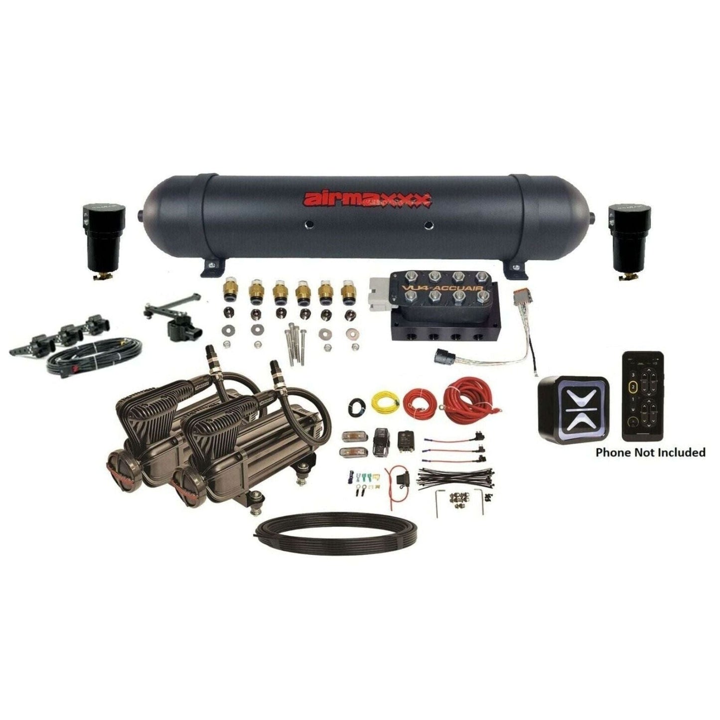 AccuAir E+ Height+ Vu4 manifold airmaxxx X-Series compressors 5-gallon black tank