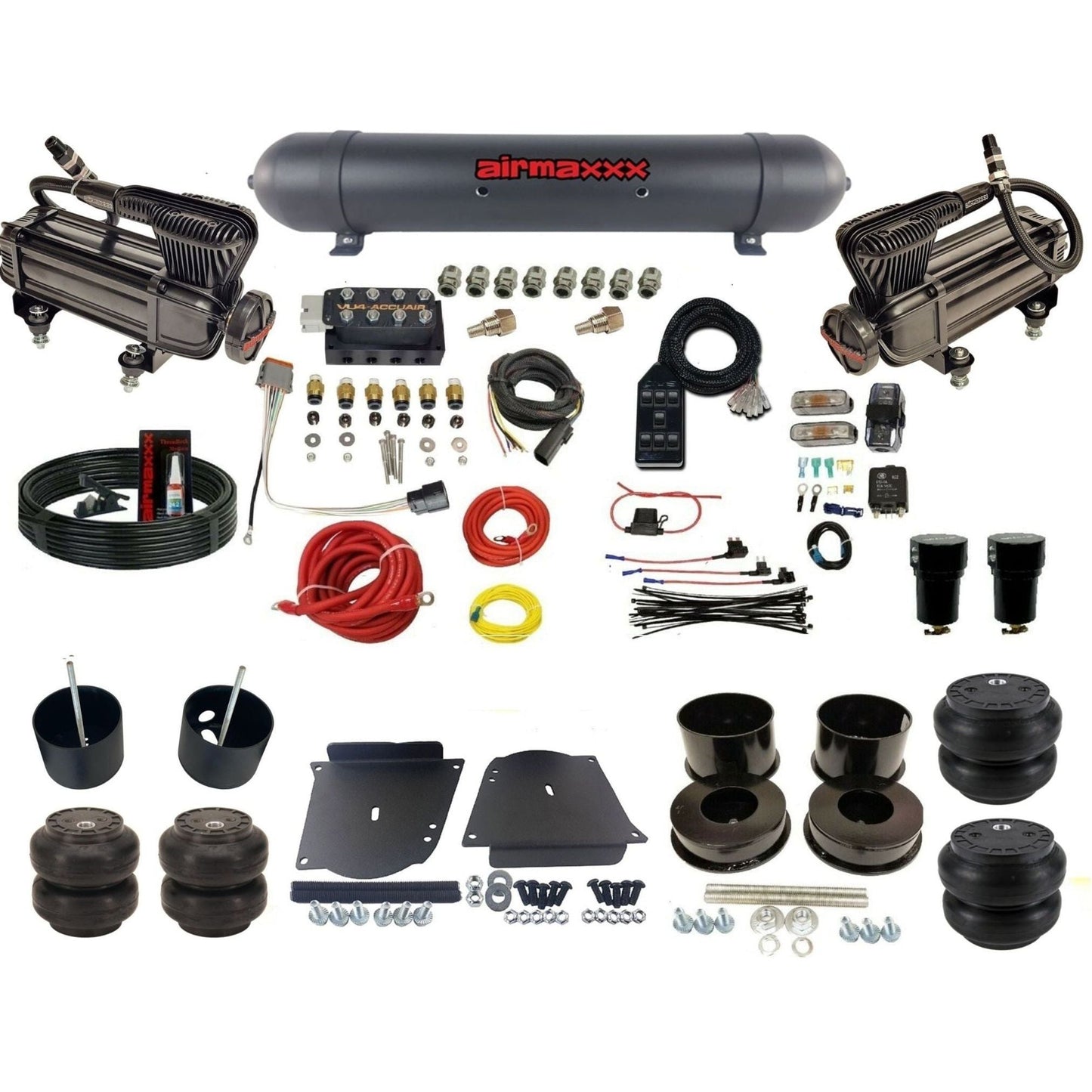 AccuAir VU4 3/8 dual x-series compressors aluminum tank slam bags air suspension kit for 1964–1972 GM A-Body KABDY-XB2-57ABK-VU4-7BK-WK-HFSS6SS7