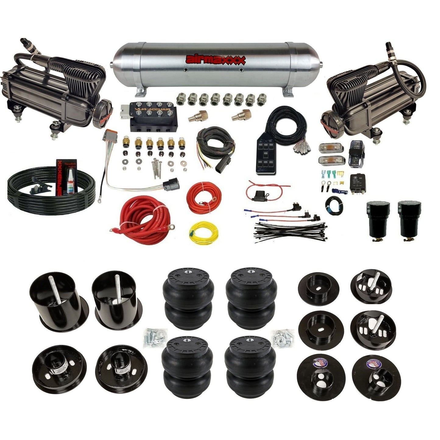 AccuAir VU4 3/8 dual x-series compressors aluminum tank slam bags air suspension kit for 1965–70 Cadillac KCAD65-XB2-57ARW-VU4-7BK-WK-HFSS7