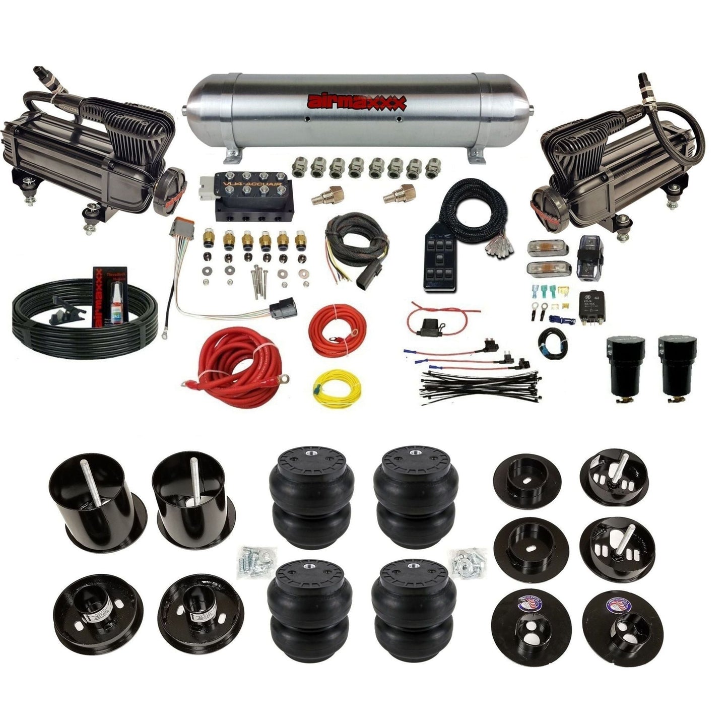 AccuAir VU4 3/8 dual x-series compressors aluminum tank slam bags air suspension kit for 1965–70 Cadillac KCAD65-XB2-57ARW-VU4-7BK-WK-HFSS7