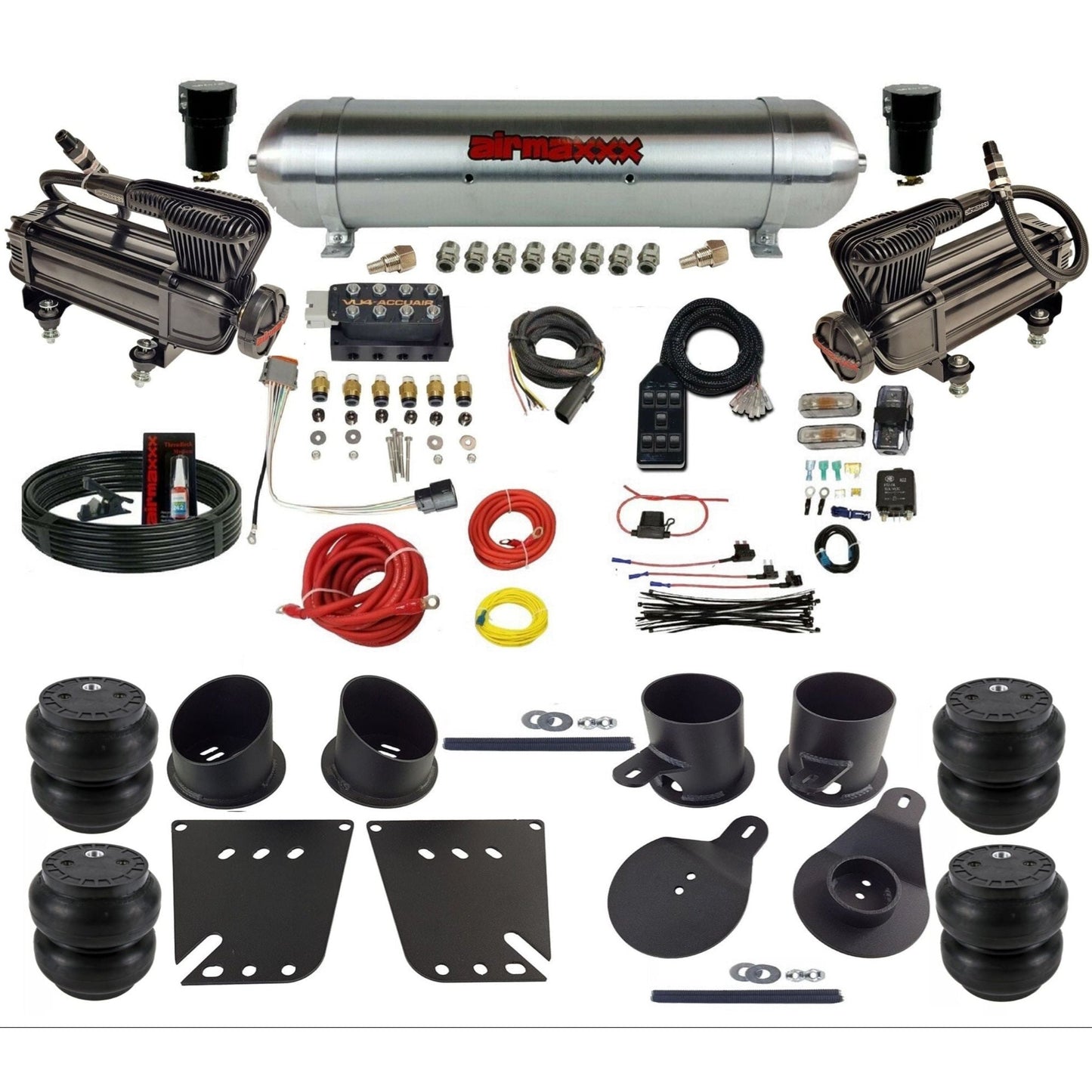 AccuAir VU4 3/8 dual x-series compressors raw aluminum tank slam bags air ride kit for 1958–1964 Impala KIMP58-XB2-57ARAW-VU4-7BK-WK-HFSS7