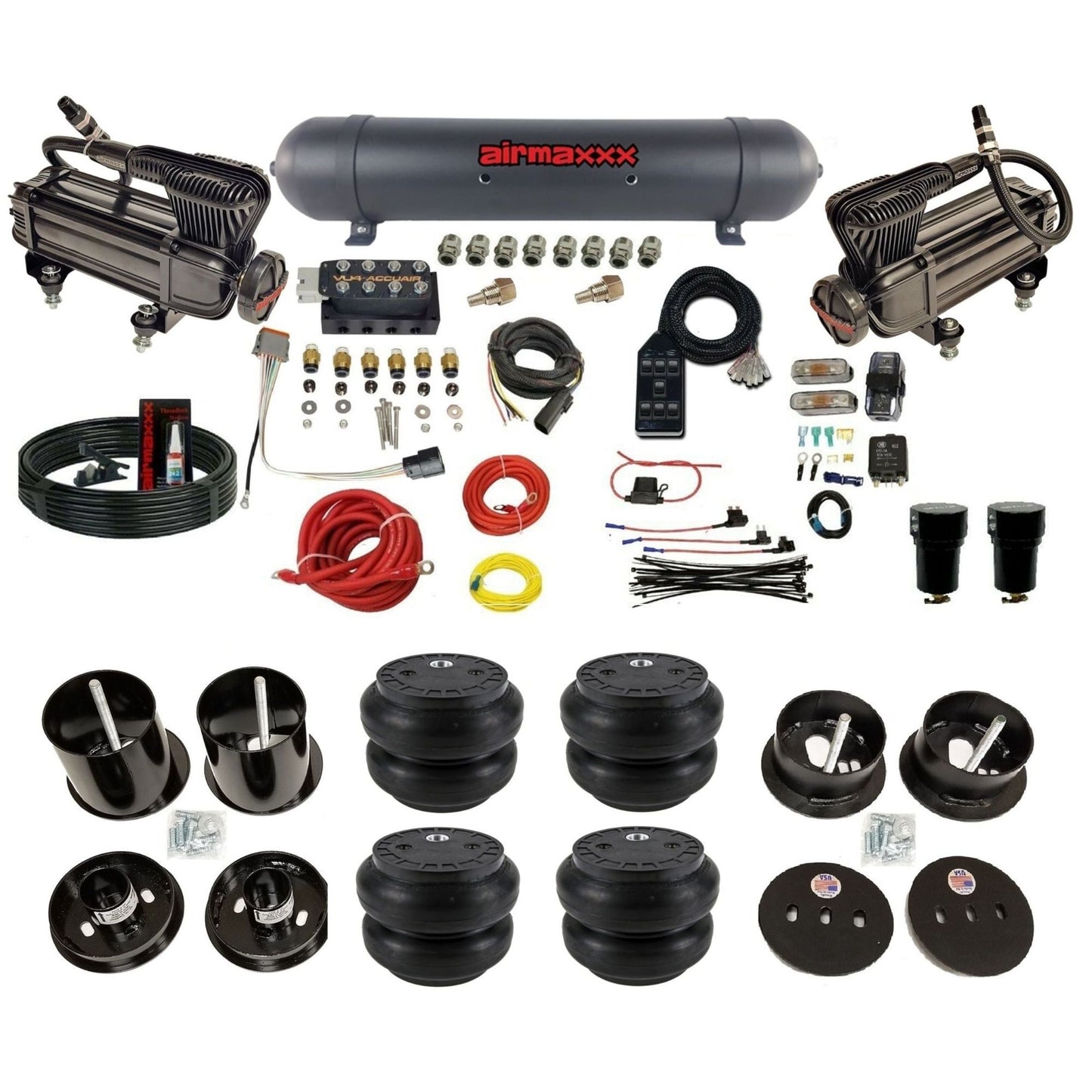 AccuAir VU4 dual x-series compressors aluminum tank slam bags air ride kit for 1963–1964 Cadillac KCAD63-XB2-57ABK-VU4-7BK-WK-HFSS7