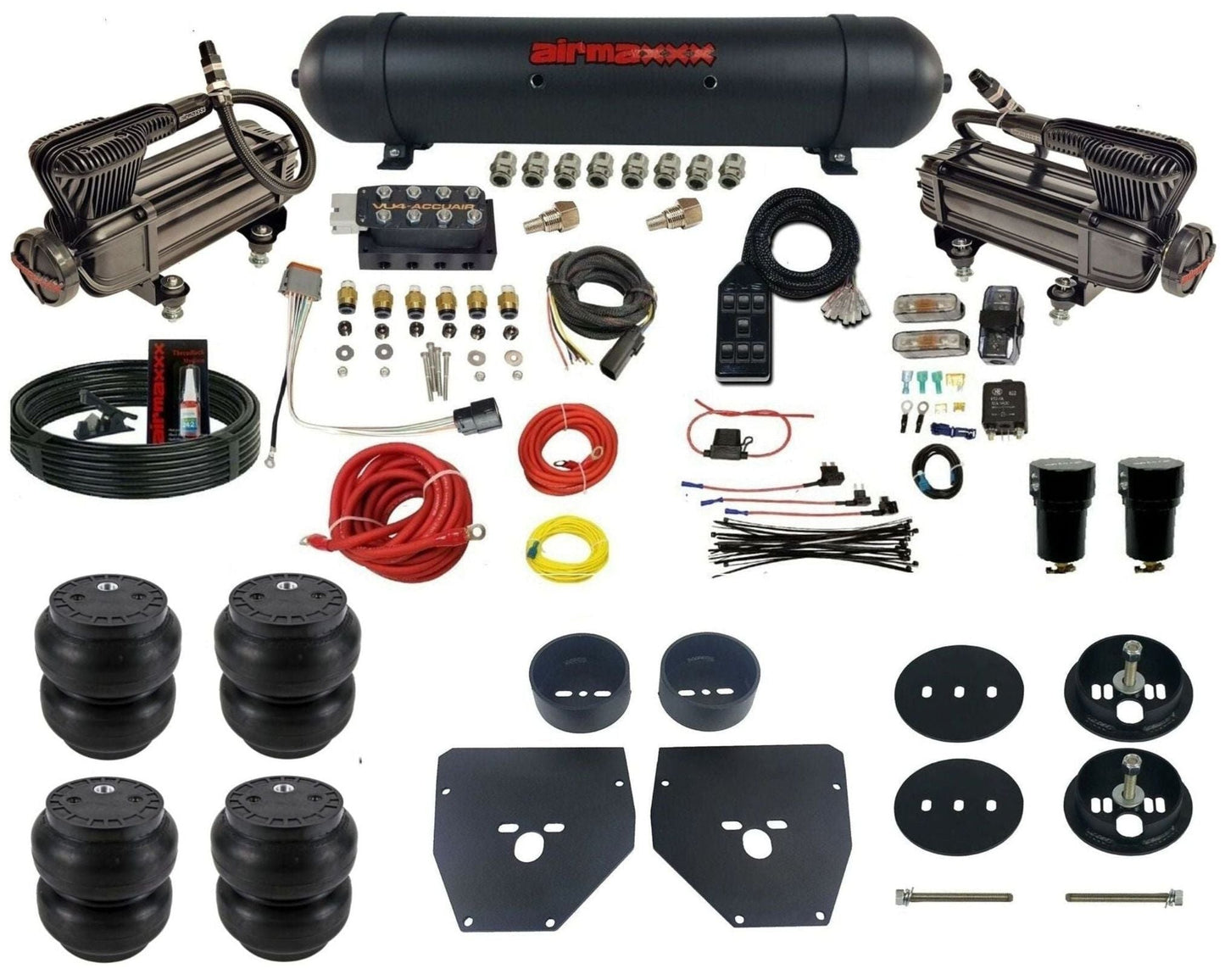 AccuAir VU4 dual x-series compressors aluminum tank slam bags air ride kit for 1963–1972 C10/C20/C30 KC1063-XB2-57ABK-VU4-7BK-WK-HFSS7