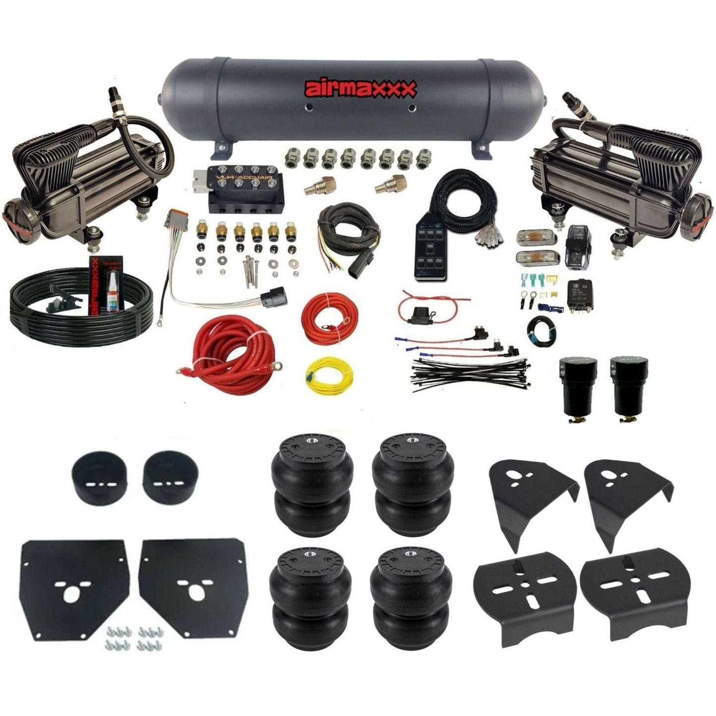 AccuAir VU4 dual x-series compressors aluminum tank slam bags air ride kit for 1973–1987 Chevy C10 KC1073-XB2-57ABK-VU4-7BK-WK-HFSS7