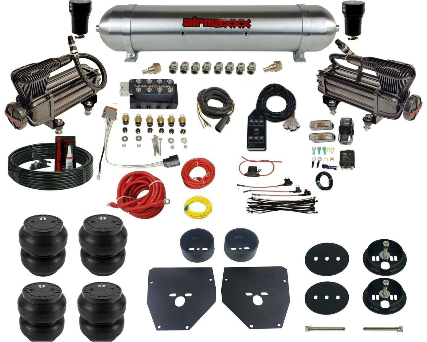 AccuAir VU4 dual x-series compressors raw aluminum tank slam bags air ride kit for 1963–1972 Chevy C10/C20/C30 KC1063-XB2-57ARW-VU4-7BK-WK-HFSS7