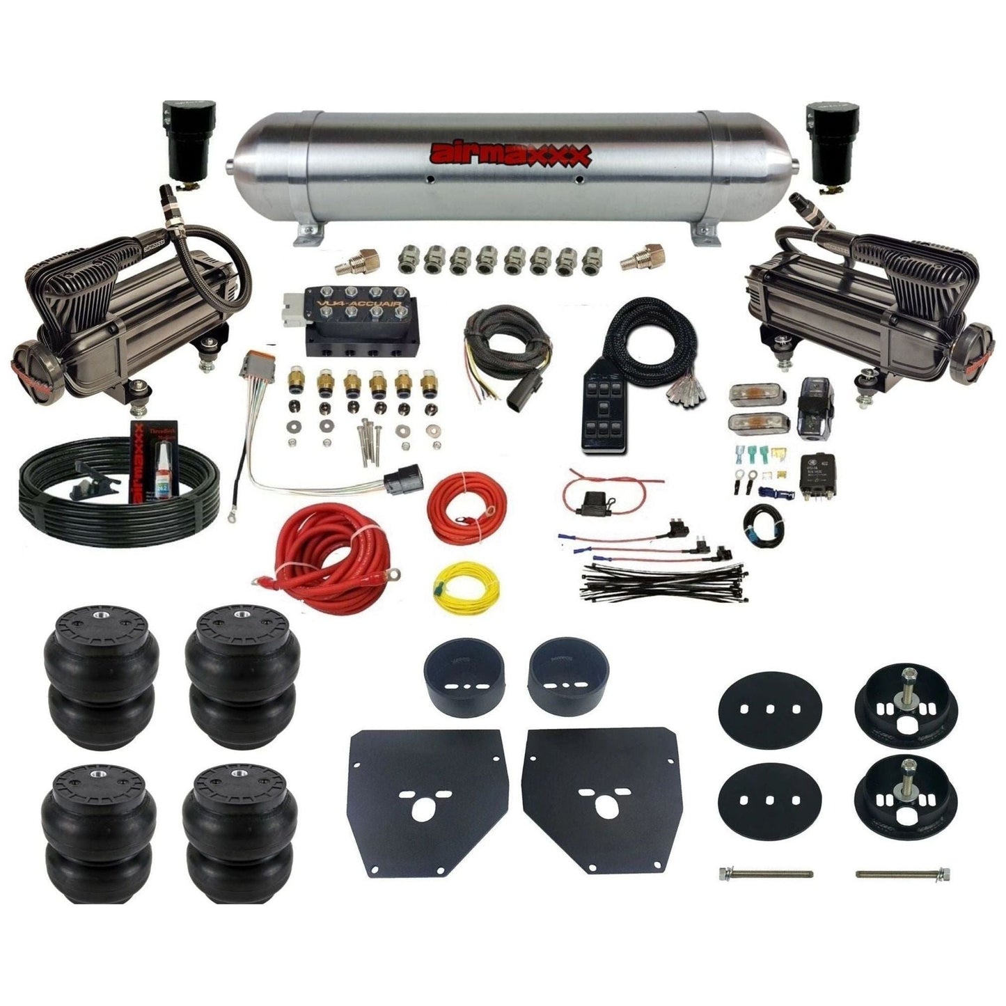AccuAir VU4 dual x-series compressors raw aluminum tank slam bags air ride kit for 1963–1972 Chevy C10/C20/C30 KC1063-XB2-57ARW-VU4-7BK-WK-HFSS7