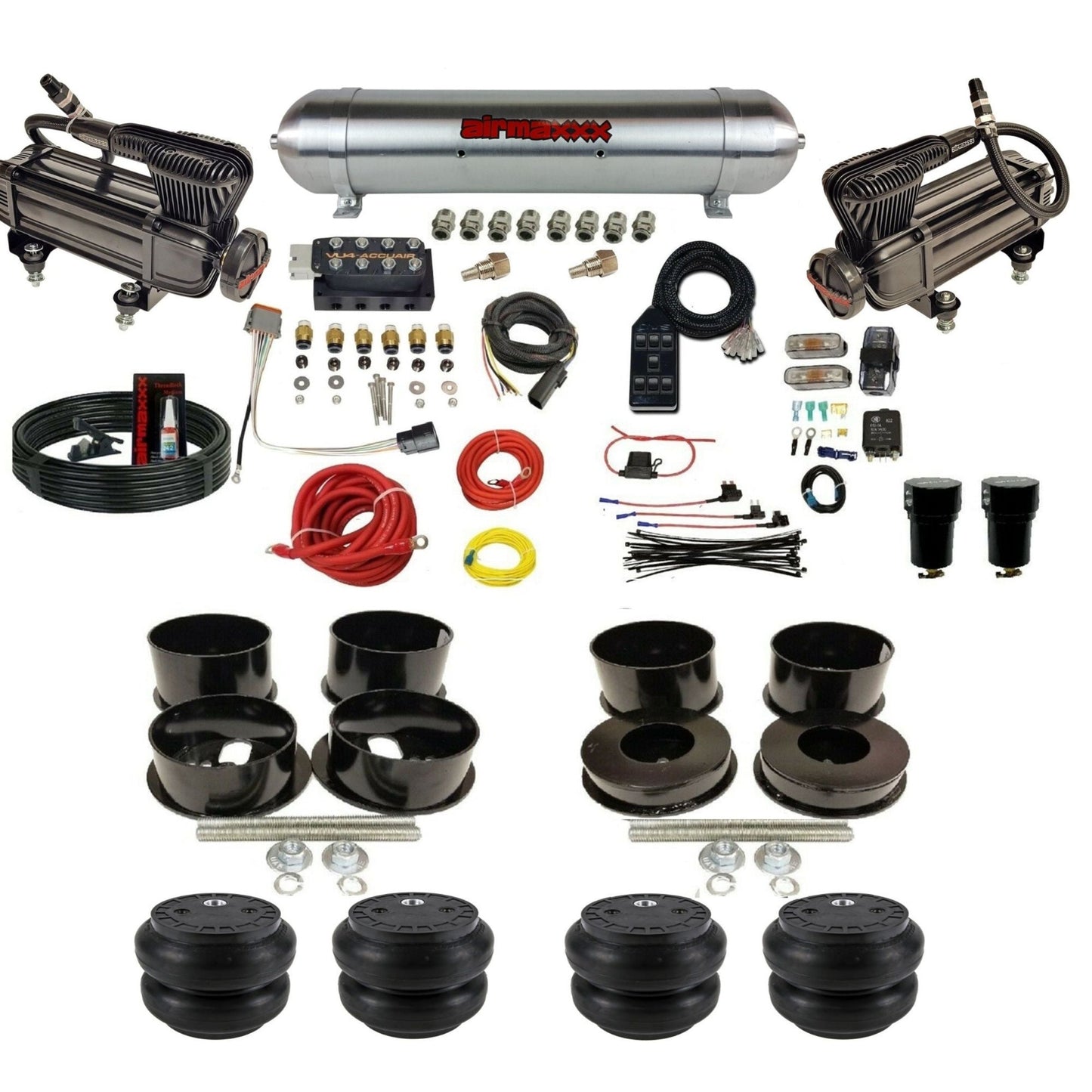 AccuAir VU4 dual x-series compressors raw aluminum tank slam bags air ride kit for 1971–1996 GM B-Body KBBDY-XB2-57ARW-VU4-7BK-WK-HFSS7