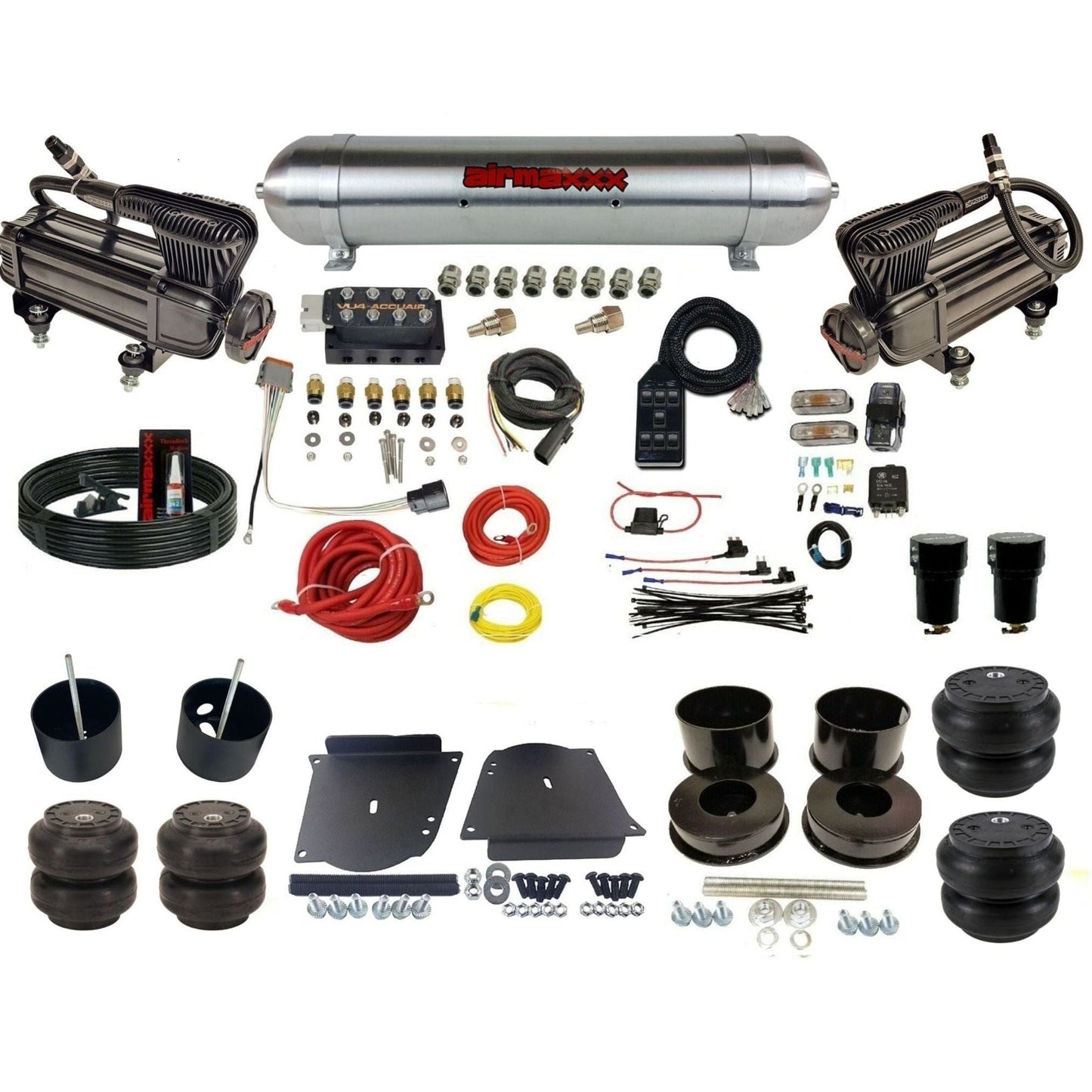 AccuAir VU4 dual x-series raw aluminum tank & slam bags air ride kit for 1964–1972 GM A-Body KABDY-XB2-57ARW-VU4-7BK-WK-HFSS6SS7