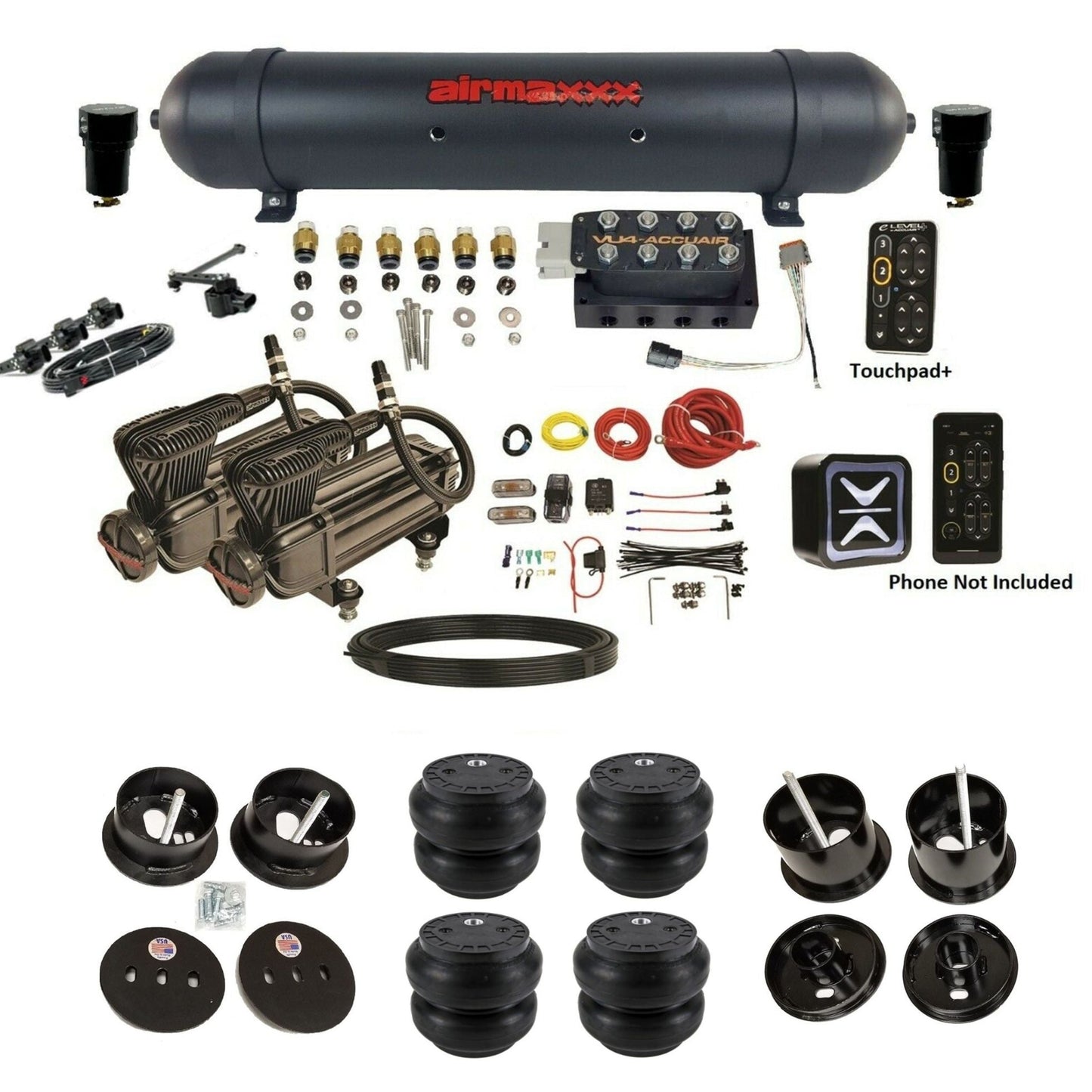 AccuAir e-Level+ Height+ VU4 dual x-series compressors aluminum tank slam bags air ride kit for 1961–1962 Cadillac K-CAD6162-X2B-57ABK-VU4-E_HTSS7