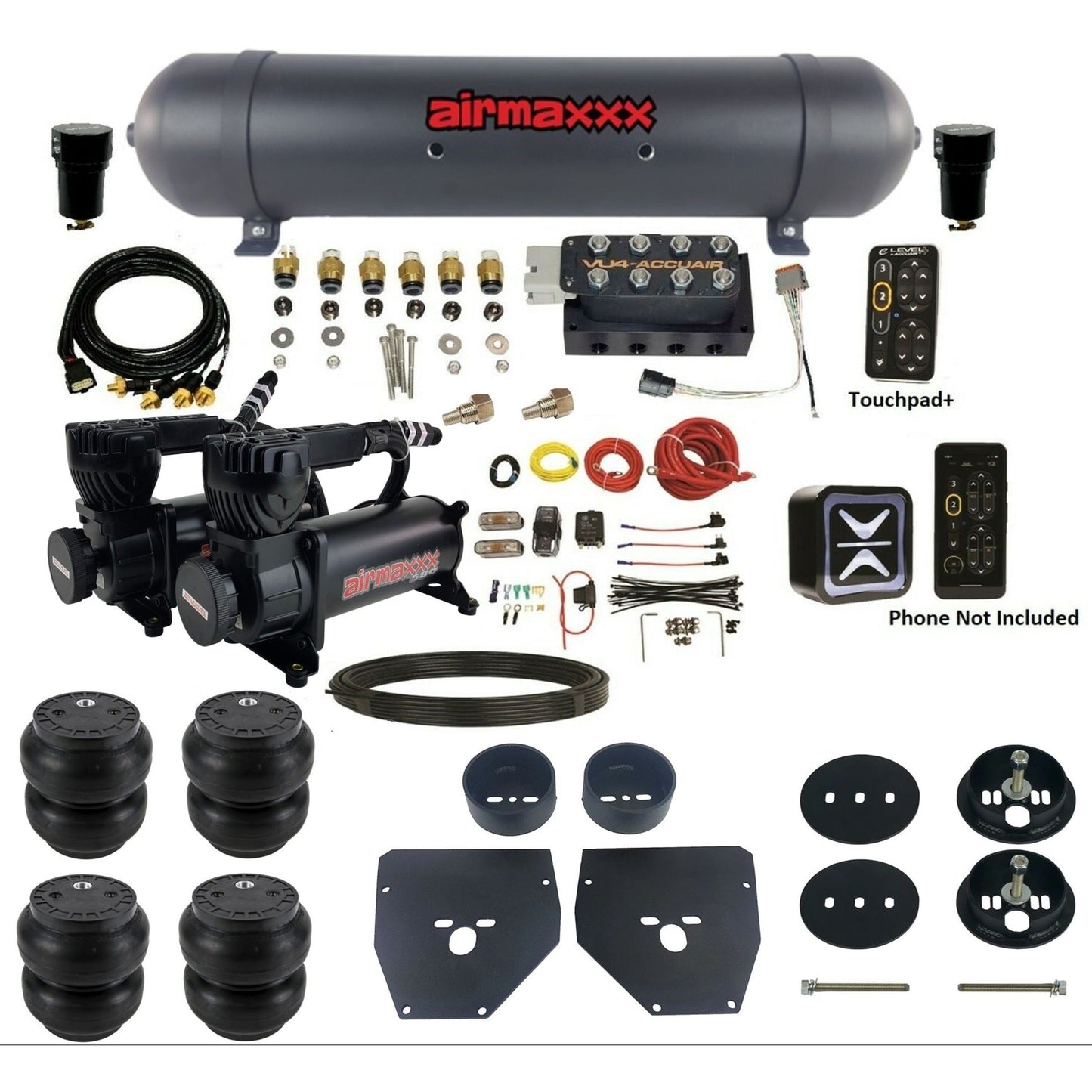 AccuAir e-Level+ Pressure VU4 dual 580 black compressors aluminum tank slam bags air kit for 1963–1972 Chevy C10 KC1063-580B2-57ABK-VU4EPT-WK-HFSS7