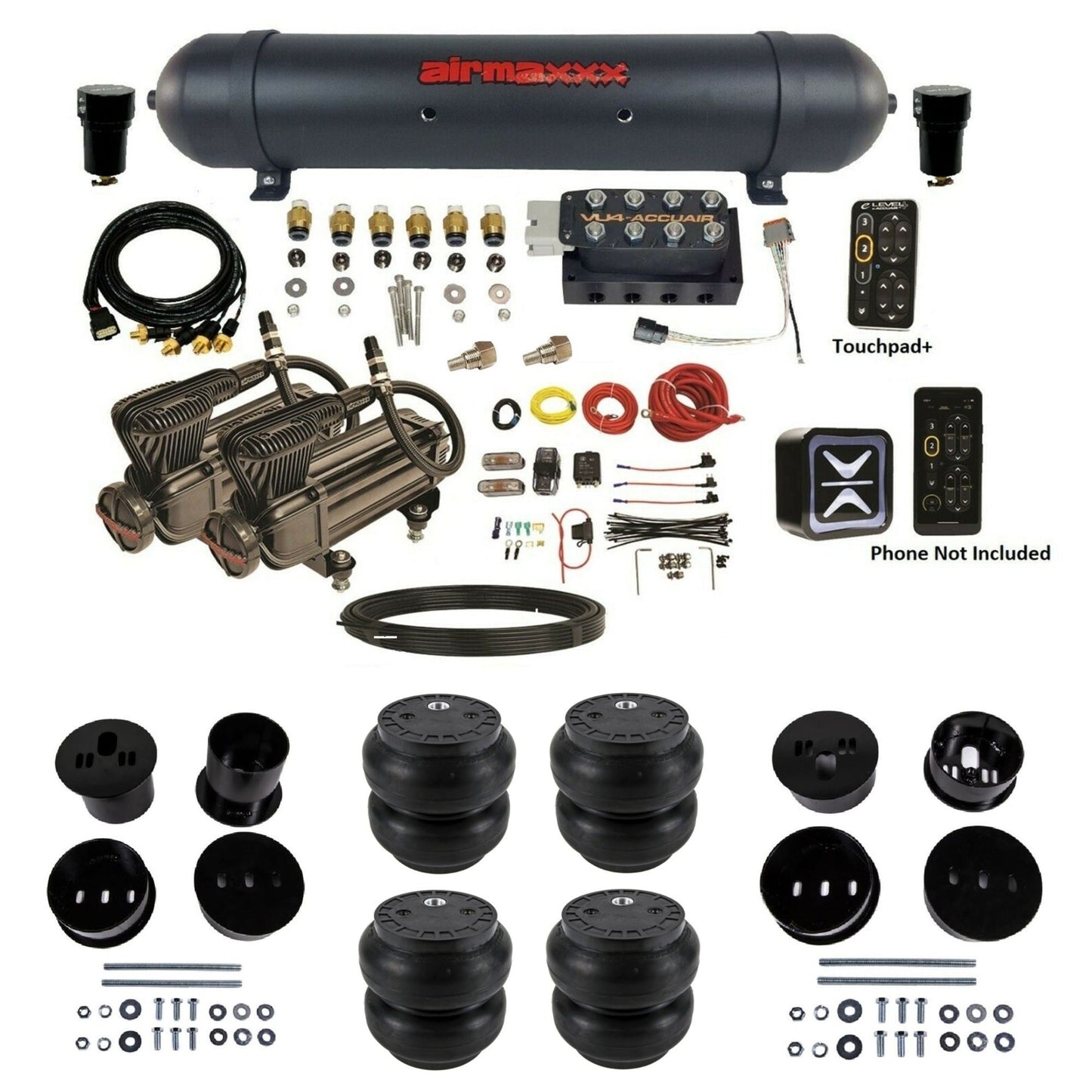 AccuAir e-Level+ Pressure VU4 dual x-series compressors aluminum tank slam bags air kit for 1958–1960 Cadillac KCAD58-X2B-57ABK-VU4EPT-WK-HFSS7