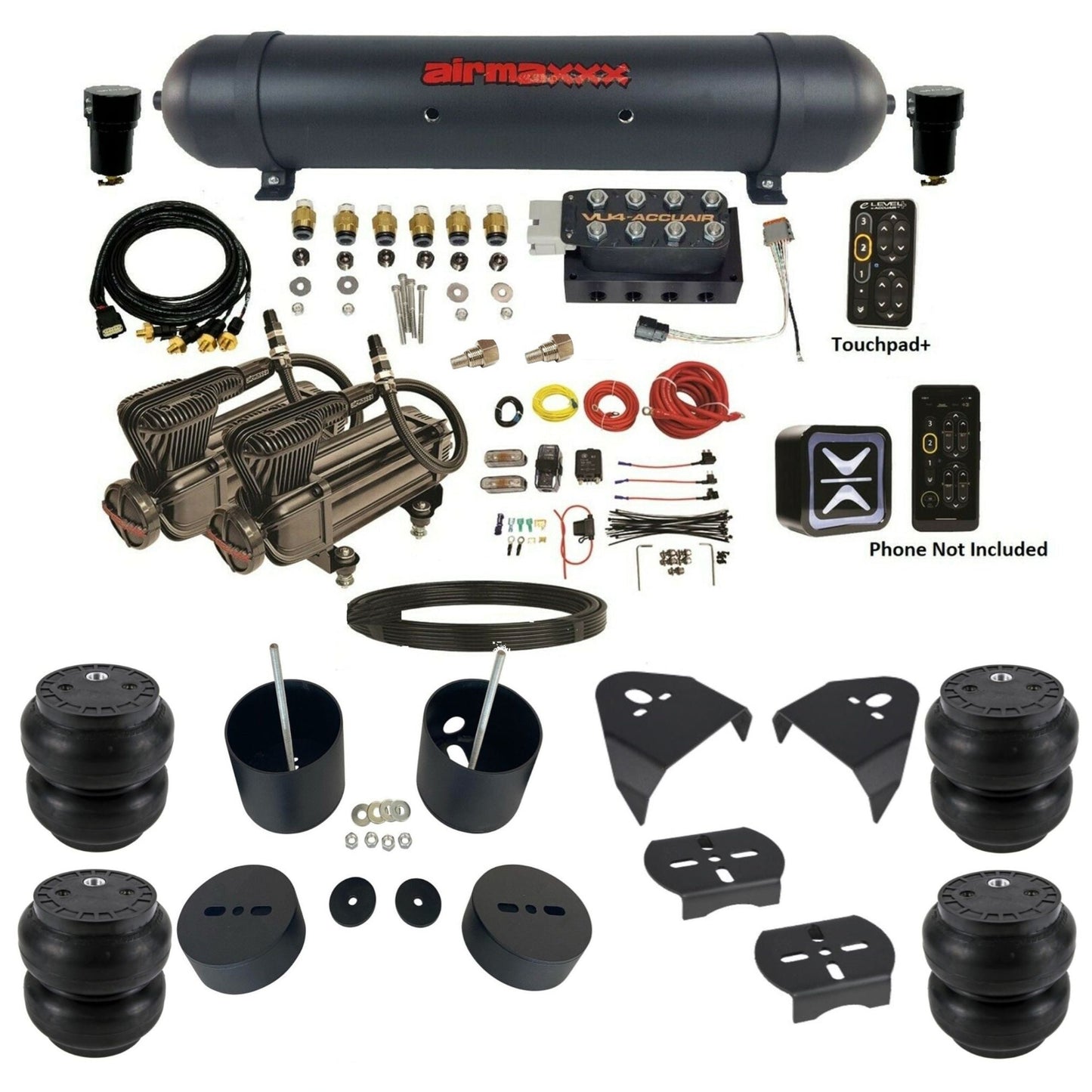 AccuAir e-Level+ Pressure VU4 dual x-series compressors aluminum tank slam bags air kit for 1988–1998 Chevy Silverado 1500 GM88-XB2-57ABK-LRHP-WK-HFSS7