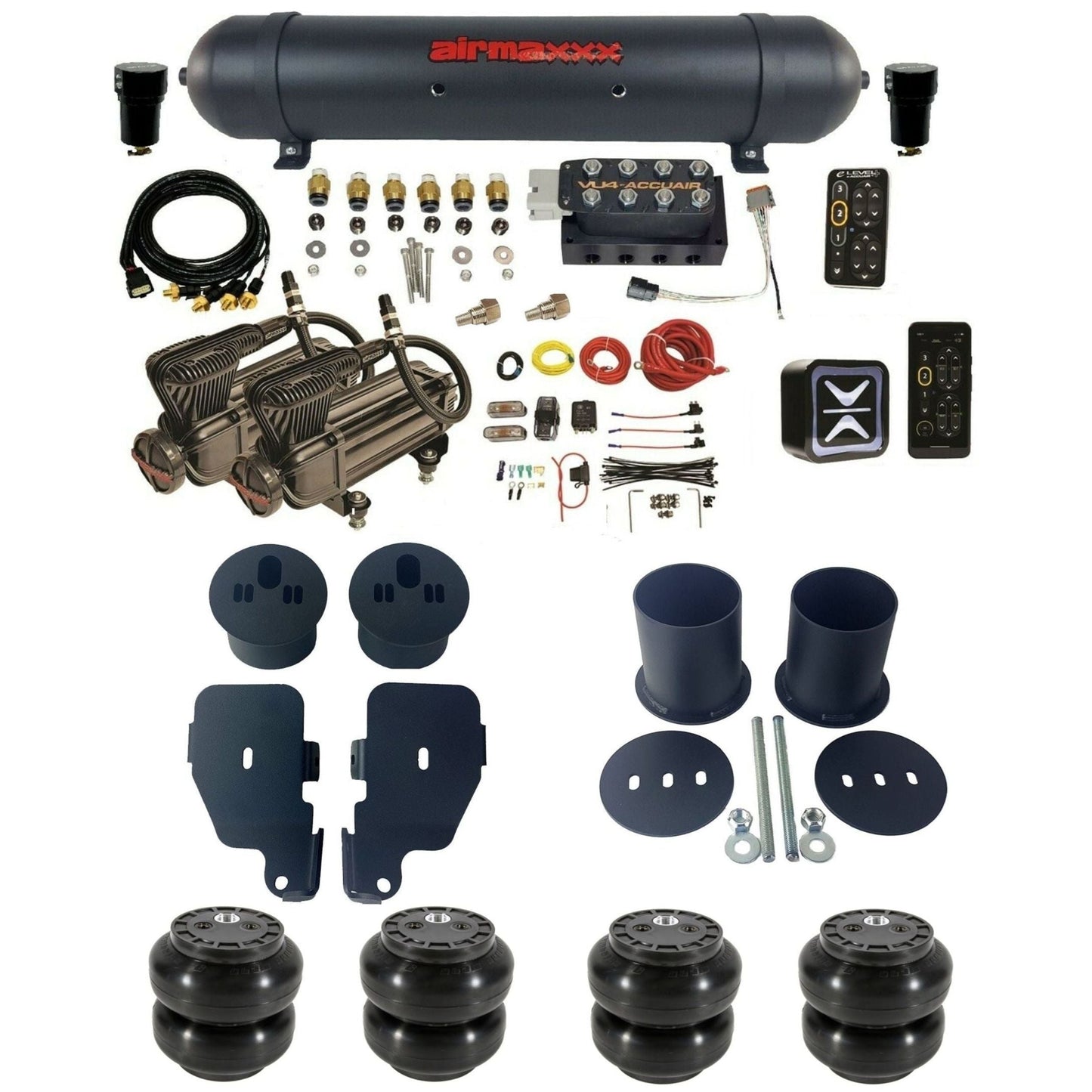 AccuAir e-Level+ Pressure VU4 dual x-series compressors aluminum tank & slam bags air ride kit for 1965–1970 Chevy Impala KIMP65-X2B-57ABK-VU4EPT-WK-HFSS6