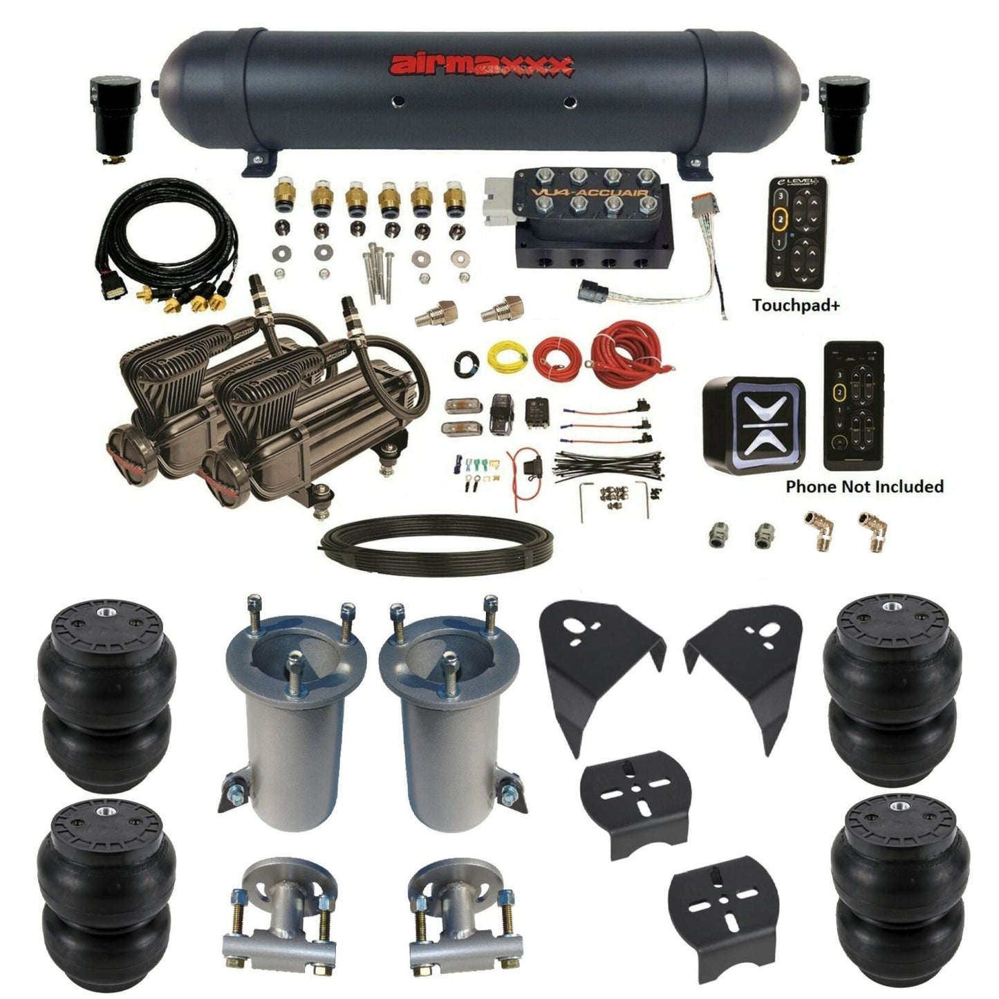 AccuAir e-Level+ VU4 air management kit with airmaxxx x-series compressors aluminum tank & slam bags air ride kit for 1982–2005 S10/S15/Sonoma KGM07-X2B-57ABK-VU4EPT-WK-HFSS7