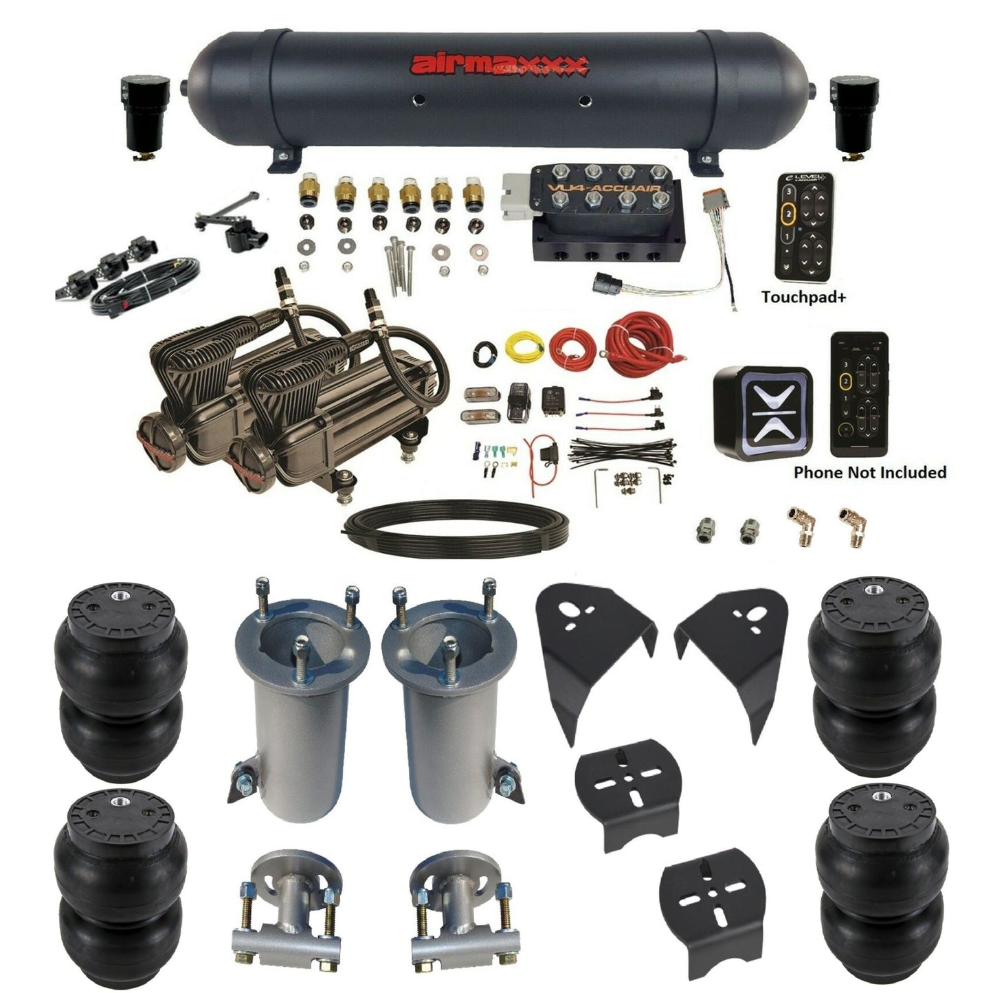 AccuAir e-Level+ VU4 dual x-series compressors aluminum tank slam bags air ride kit for 2007–18 Silverado/Sierra KGM07-X2B-57ABK-VU4EHT-WK-HFSS7