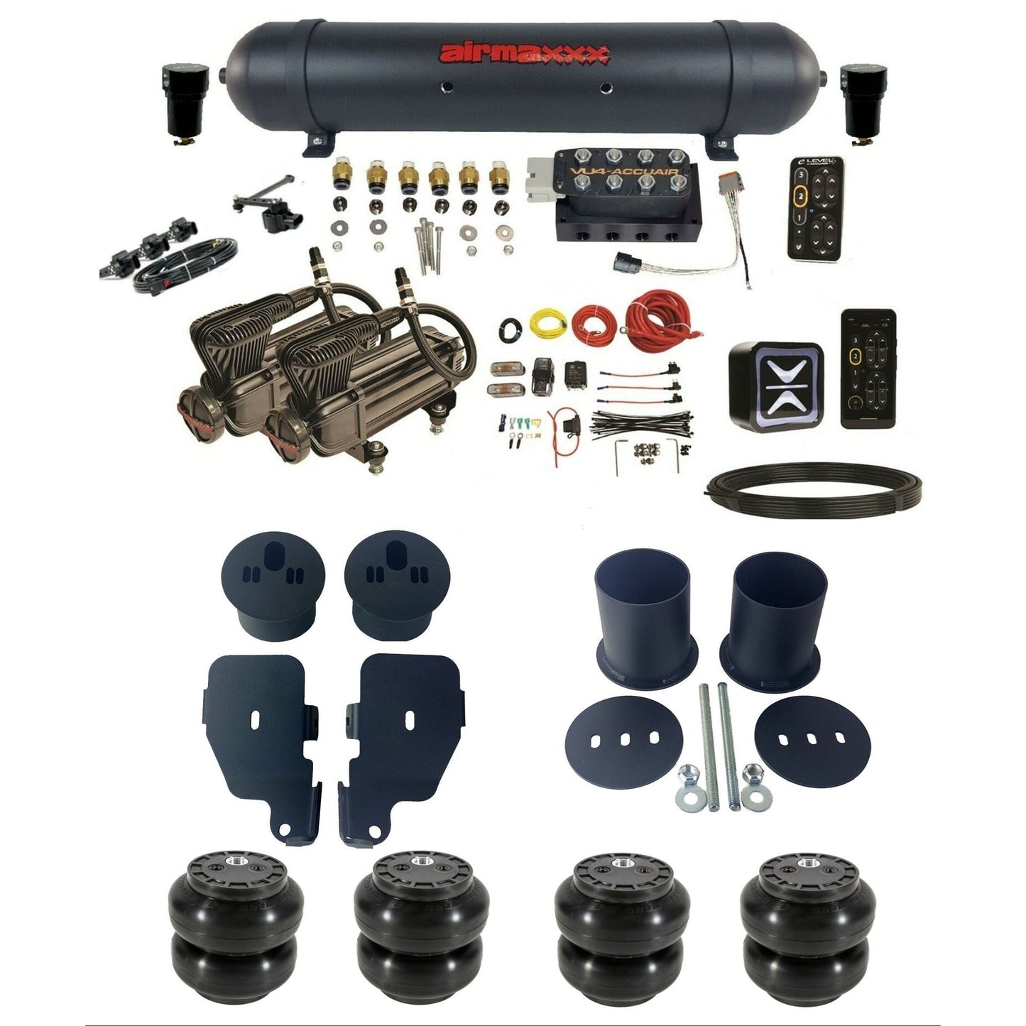 AccuAir e-Level+ VU4 dual x-series compressors aluminum tank & slam bags air suspension kit for 1965β70 Impala KIMP65-X2B-57ABK-VU4EHT-WK-HFSS6