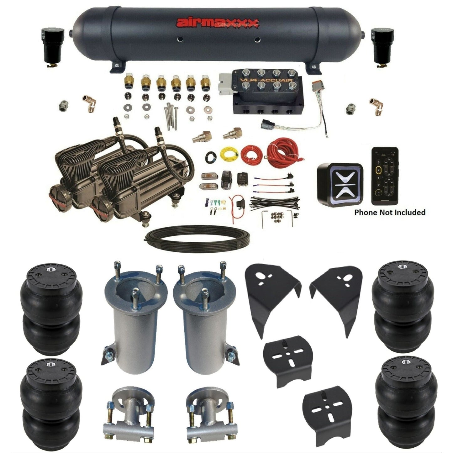 AccuAir e+ Connect VU4 air management kit x-series compressors aluminum tank slam bags for 2007–18 Silverado/Sierra KGM07-X2B-57ABK-VU4E-WK-HFSS7