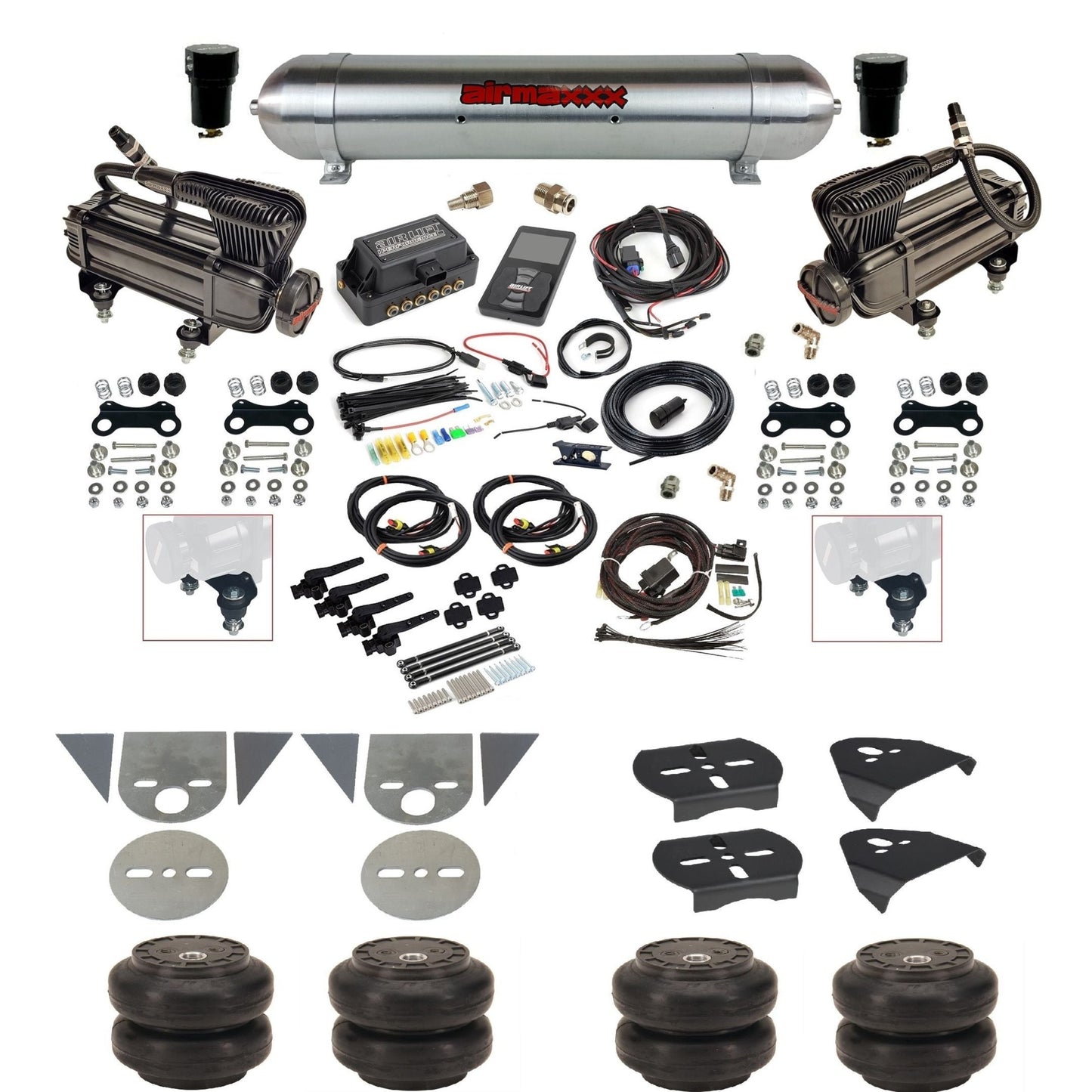 Air Lift 3H 27695 3/8" suspension kit with X-series compressors raw aluminum tank Slam bags & airmaxxx brackets for mini trucks KTOR-XB2-57ARW-27695-WK-3P2SS6