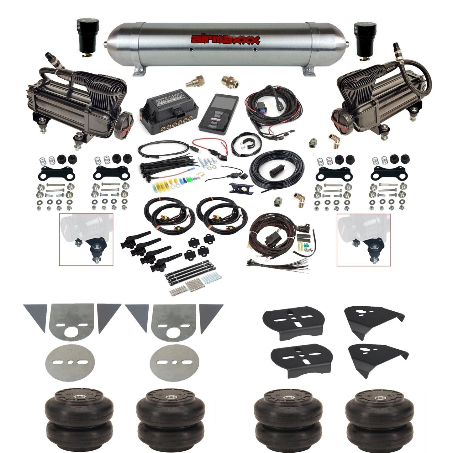 Air Lift 3H 27695 3/8" suspension kit with X-series compressors raw aluminum tank Slam bags & airmaxxx brackets for mini trucks KTOR-XB2-57ARW-27695-WK-3P2SS6