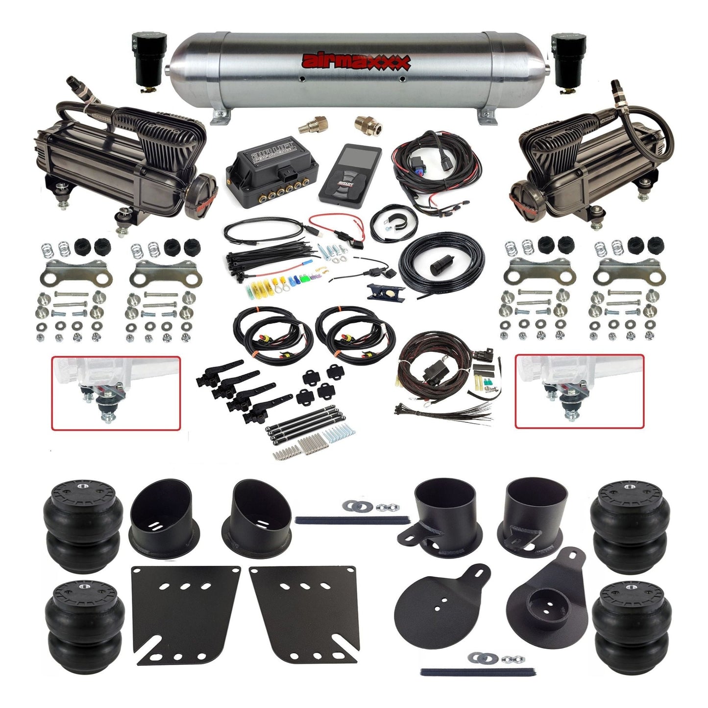 Air Lift 3H 27695 dual x-series compressors raw aluminum tank slam bags & airmaxxx brackets Air Ride Kit for 1958–64 Chevy Impala KIMP58-XB2-57ARW-27695-WK-3PSS7