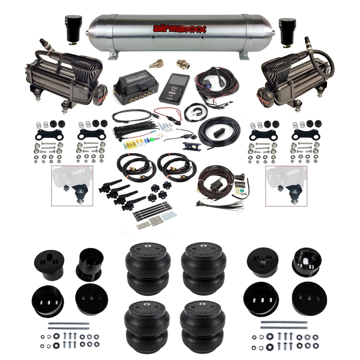 Air Lift 3H 3/8 X-series compressor raw aluminum tank Slam bags & airmaxxx brackets air ride kit for 1958-60 Cadillac KCAD58-XB2-57ARW-27695-WK-3P2SS7