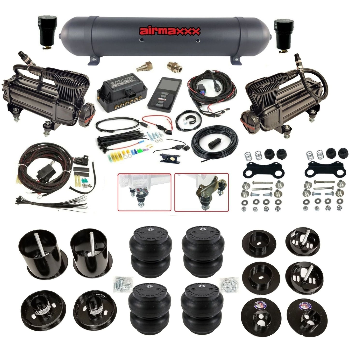 Air Lift 3P 3/8 air suspension kit with dual X-series compressors aluminum tank slam bags & airmaxxx brackets fits 1965-70 Cadillac KCAD65-XB2-57ABK-27685-WK-3P2SS7