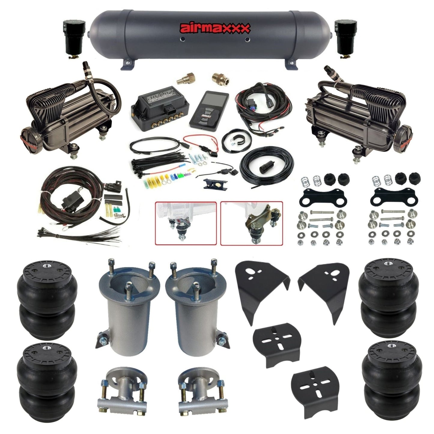 Air Lift 3P 3/8 air suspension kit with dual X-series compressors aluminum tank & slam bags w/airmaxxx brackets fits 2007-18 Silverado KGM07-XB2-57ABK-27685-WK-3P2SS7