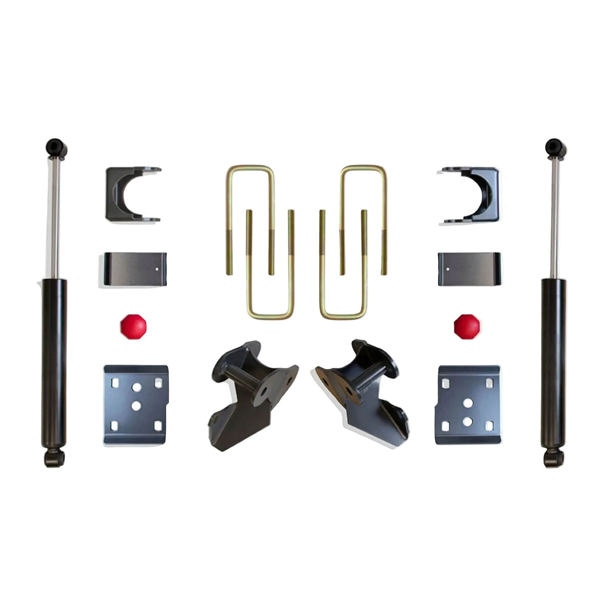 2009-2014 Ford F150 rear drop suspension | MaxTrac F-150 flip kit hangers bump stops and 2400LL-9 shocks | Ford F150 2WD 4 inch rear axle flip lowering kit | MaxTrac 203440 rear components for 2 front 4 rear drop