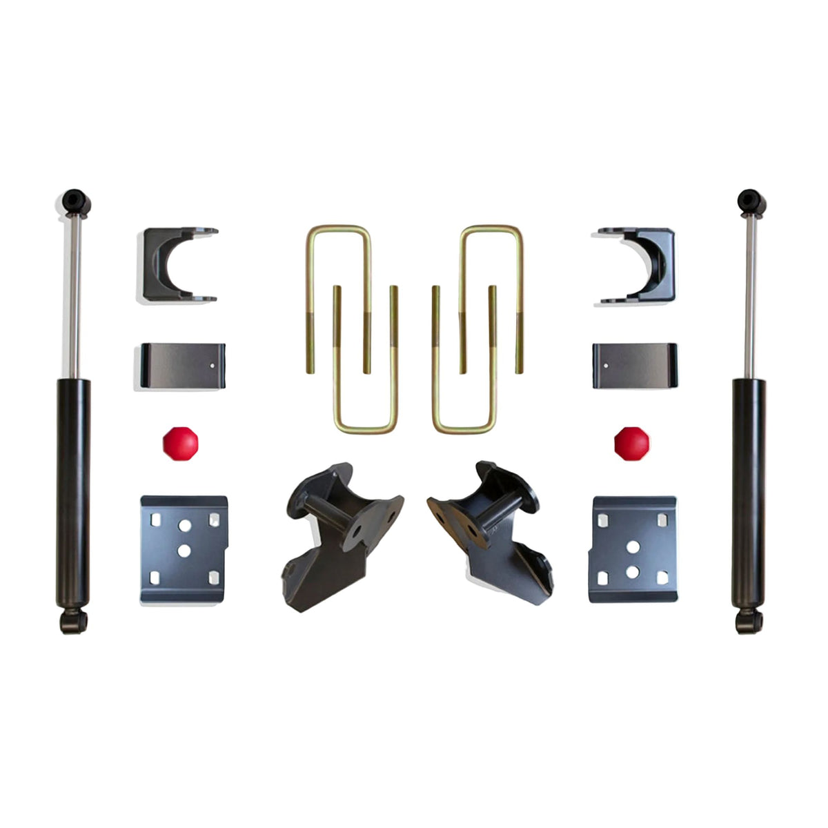 2009-2014 Ford F150 rear drop suspension | MaxTrac F-150 flip kit hangers bump stops and 2400LL-9 shocks | Ford F150 4WD 5 inch rear axle flip lowering kit | MaxTrac 203440 rear components for 3 front 5 rear drop
