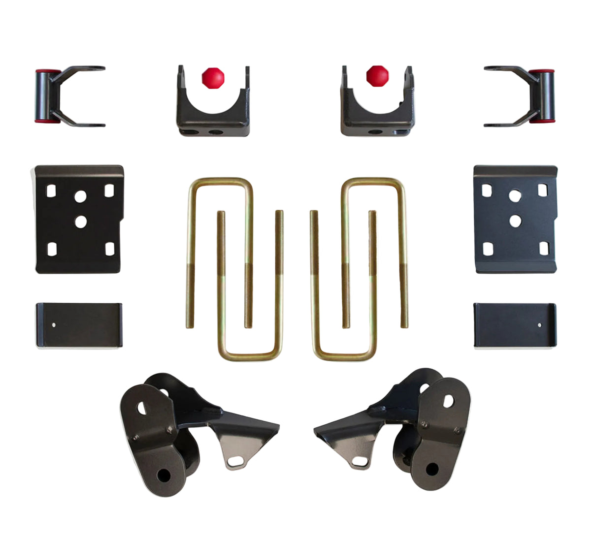 2009-2014 Ford F150 rear lowering system | MaxTrac axle relocators hangers shackles bump stops and spring plates | Ford F-150 4WD rear axle flip suspension components | MaxTrac 303430 grey powder coated lowering kit
