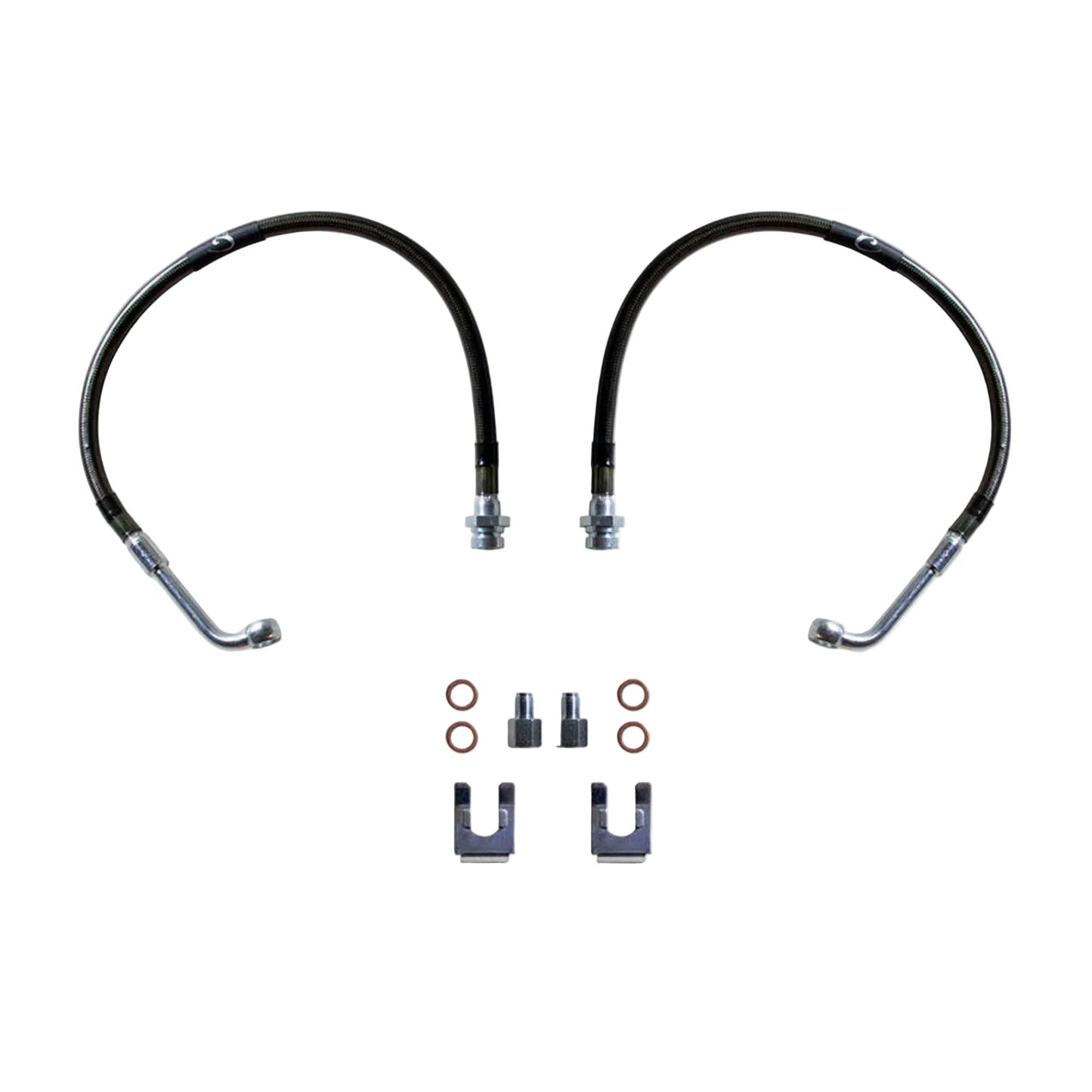 1982-2004 Chevy S10 GMC Sonoma 2WD stainless braided brake hoses | MaxTrac 19 inch brake lines for lift spindles | DOT compliant S-10 extended front brake line pair | MaxTrac five layer stainless braided brake hoses