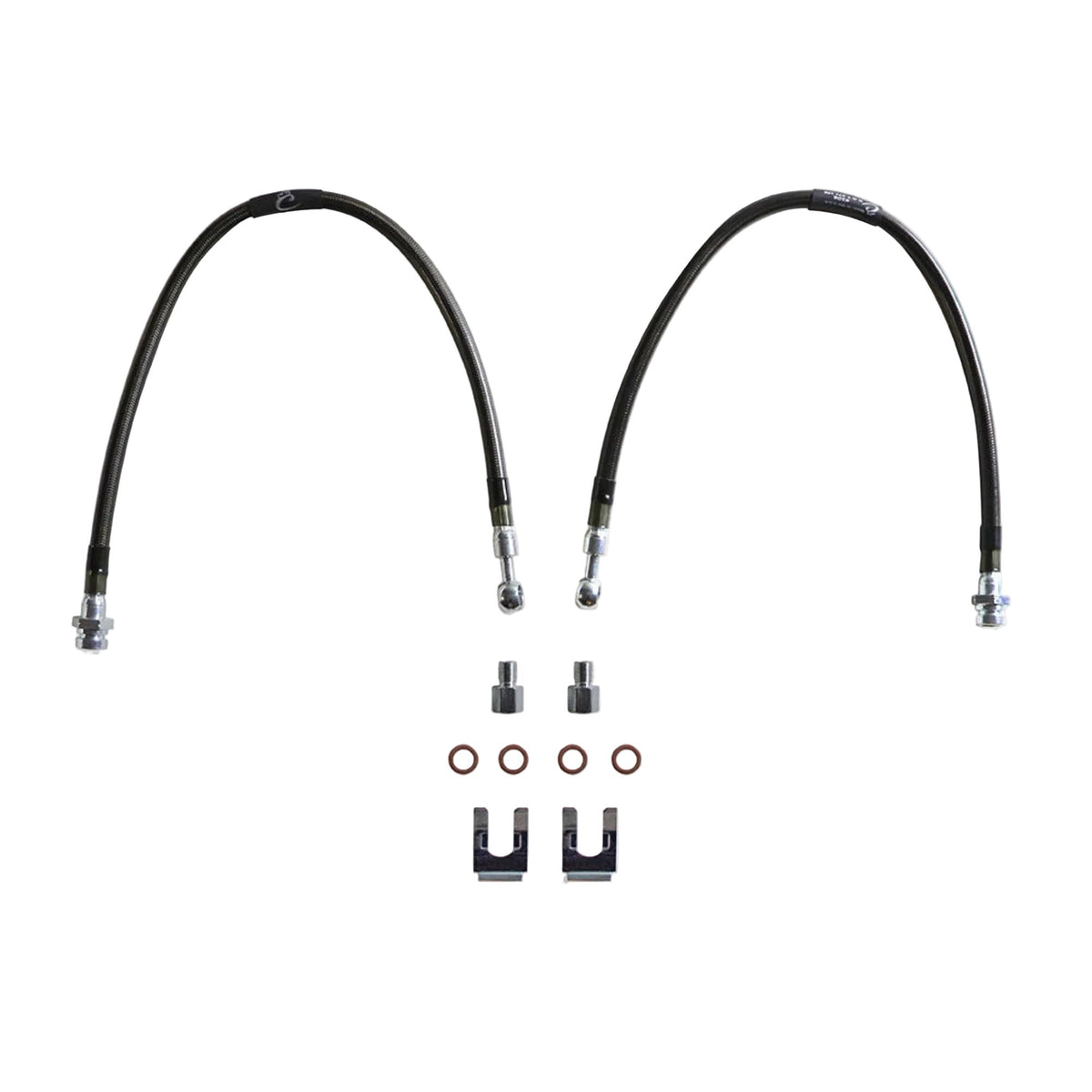 2009-2020 Ford F-150 2WD stainless braided brake hoses | MaxTrac 20 inch brake lines for Ford lift spindles | F-150 DOT compliant extended brake lines with threaded adapter | MaxTrac five layer stainless braided front brake hose pair