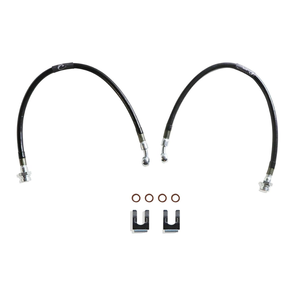 2004-2024 Titan 2WD stainless braided brake hoses | MaxTrac 23.5 inch brake lines for Titan lift spindles | DOT compliant Nissan Titan extended brake line pair | MaxTrac five layer stainless braided front brake hoses
