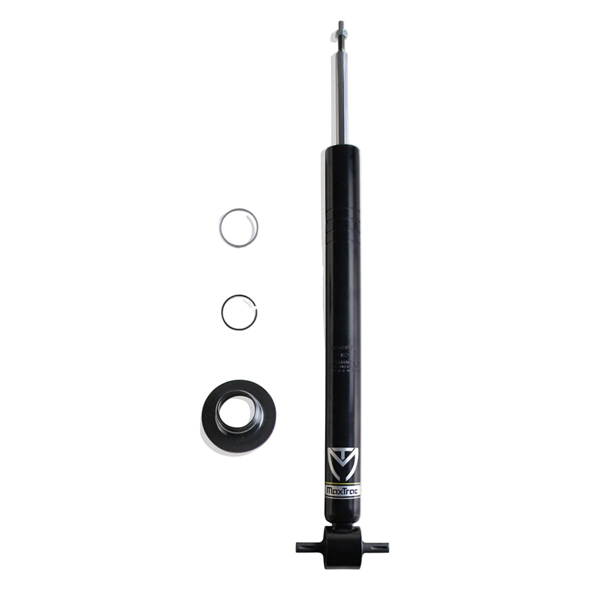 2019-2026 GM 1500 front strut for 7 to 10 inch MaxTrac lift | MaxTrac 631971 black steel front suspension strut | Silverado Sierra lifted strut with coil seat retainer clip and collar | MaxTrac 941900-4 replacement front strut 631971