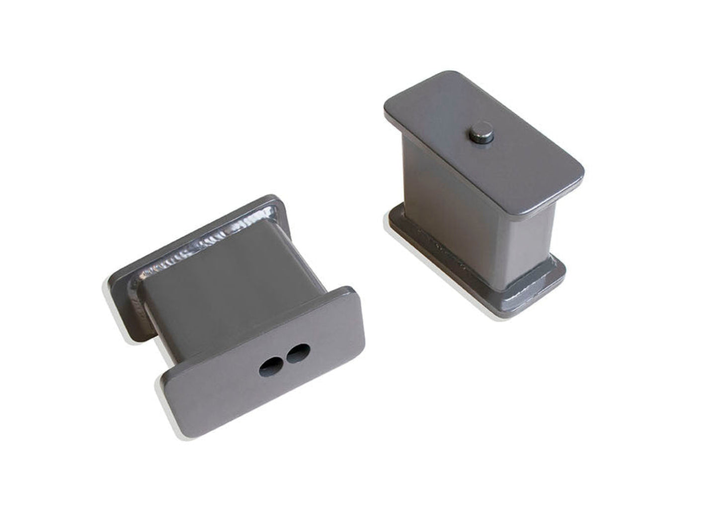 Fabricated steel lift blocks with 4 degree taper | Dual pin rear lift blocks for trucks | MaxTrac grey powder coated suspension lift blocks | Heavy duty 4 inch truck lift blocks