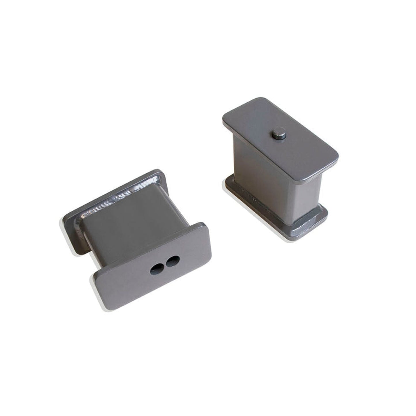Fabricated steel lift blocks with 4 degree taper | Dual pin rear lift blocks for trucks | MaxTrac grey powder coated suspension lift blocks | Heavy duty 4 inch truck lift blocks