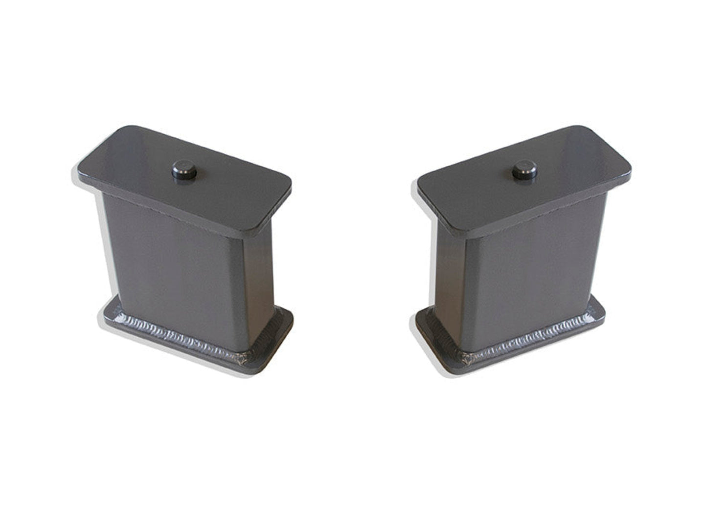 Fabricated steel lift blocks with 5 degree taper | Dual pin rear lift blocks for lifted trucks | MaxTrac grey powder coated suspension lift blocks | Heavy duty 5 inch steel rear lift blocks