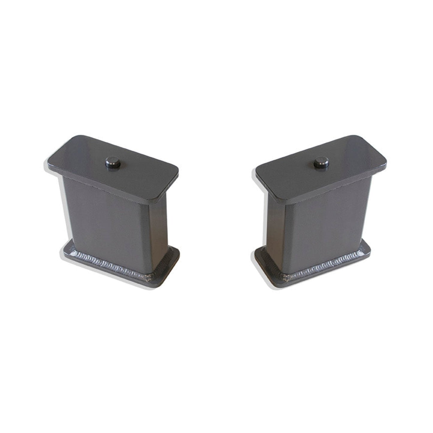 Fabricated steel lift blocks with 5 degree taper | Dual pin rear lift blocks for lifted trucks | MaxTrac grey powder coated suspension lift blocks | Heavy duty 5 inch steel rear lift blocks