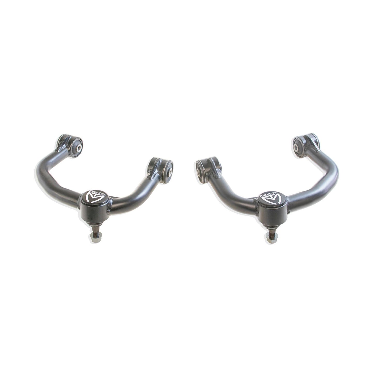 Steel upper control arms with factory ball joints | MaxTrac F150 suspension upgrade | Grey powder coated upper control arms | Ford F150 front suspension components