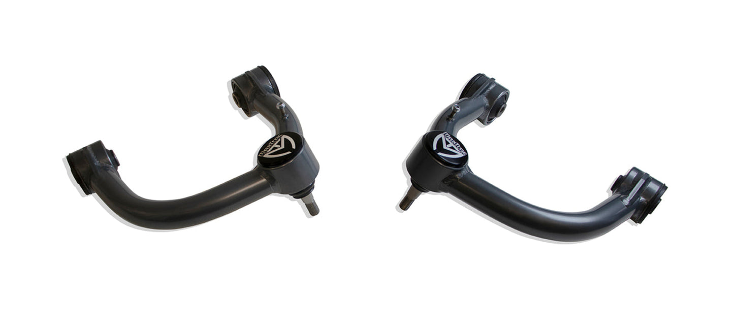 Steel upper control arms with 3 degree caster correction | MaxTrac Tacoma suspension upgrade | Grey powder coated upper control arms | Tacoma front suspension components