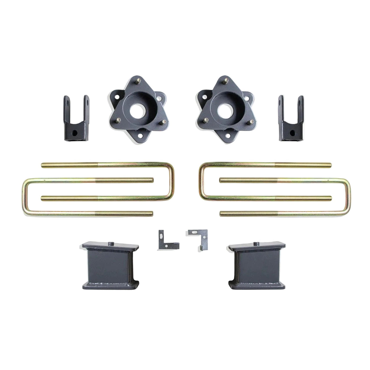2019-2024 GM 1500 2WD 4 inch rear lift components | MaxTrac 3 inch strut spacers and 4 inch lift blocks | Silverado Sierra Adaptive Ride rear shock extenders and U-bolts | MaxTrac 901940MR front sensor provisions for 701935 lift system