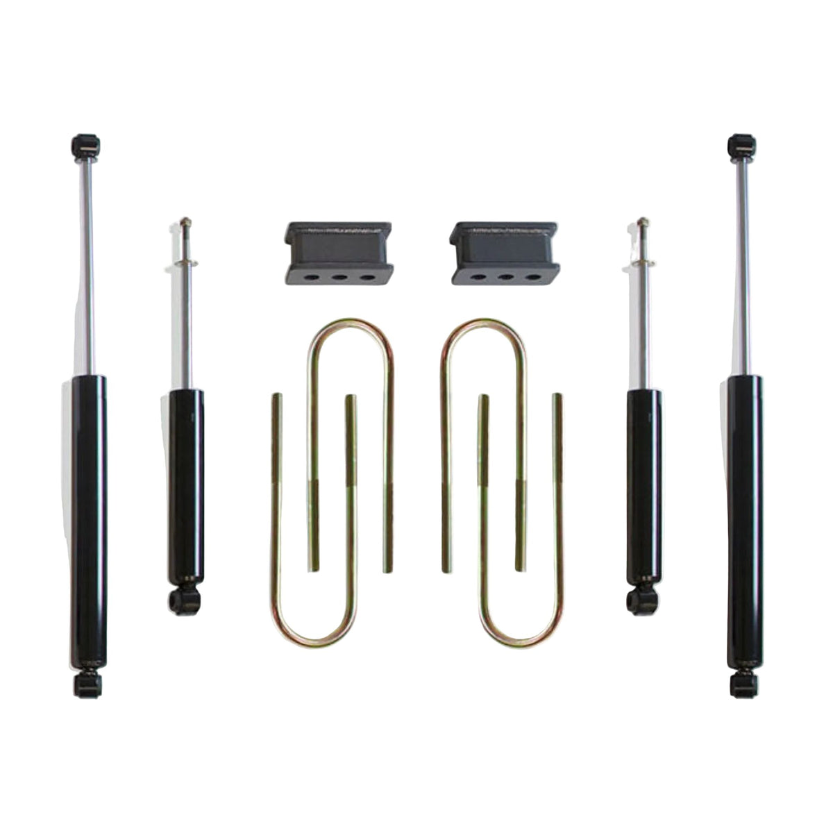 2003-2008 Ram 3500 2WD diesel lift blocks and U-bolts | MaxTrac 4.125 wide 16.5 long dually U-bolts | MaxTrac 1800SL-6 front and 2900LL-4 rear shocks | Ram 3500 DRW rear lift blocks U-bolts and shock package