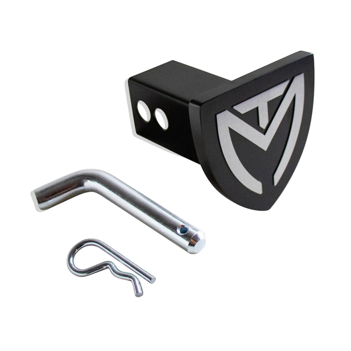 MaxTrac 2 inch receiver shield logo cover | Universal 2x2 trailer hitch receiver accessory | Black powdercoat steel MaxTrac hitch insert | MaxTrac hitchcover with mounting pin and clip